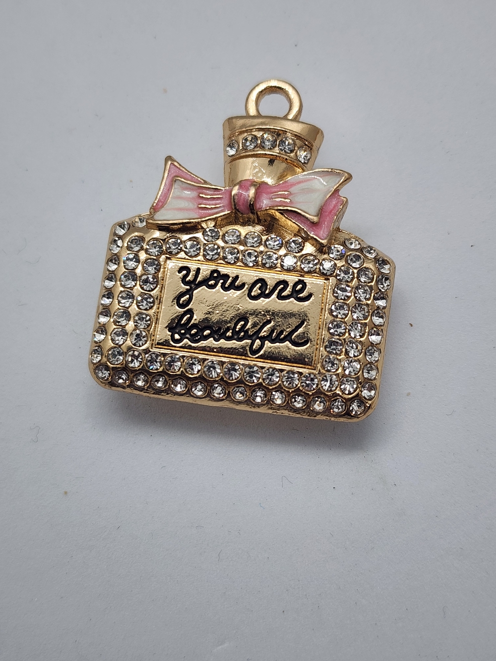 ✨️ 5 For 25 ✨️ Gold Perfume Bottle Charm with Pink Bow and Clear Rhinestones